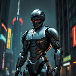 A futuristic killer robot standing menacingly, blindfolded, with a sleek metallic body that reflects light