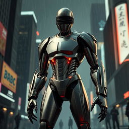 A futuristic killer robot standing menacingly, blindfolded, with a sleek metallic body that reflects light