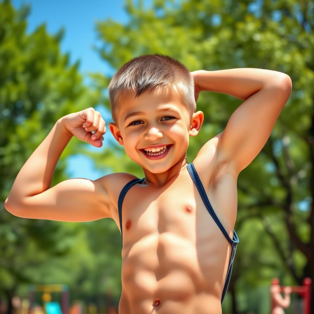 A young boy with a toned and athletic build, showcasing his strength in a playful manner