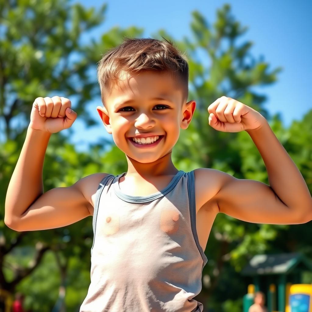 A young boy with a toned and athletic build, showcasing his strength in a playful manner