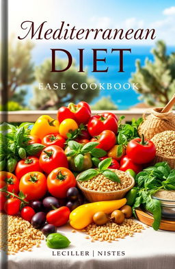 A vibrant and inviting cover design for a Mediterranean diet cookbook, featuring a beautifully arranged table filled with fresh, colorful ingredients such as ripe tomatoes, bell peppers, olives, fresh herbs like basil and parsley, and whole grains