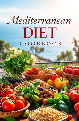 A vibrant and inviting cover design for a Mediterranean diet cookbook, featuring a beautifully arranged table filled with fresh, colorful ingredients such as ripe tomatoes, bell peppers, olives, fresh herbs like basil and parsley, and whole grains