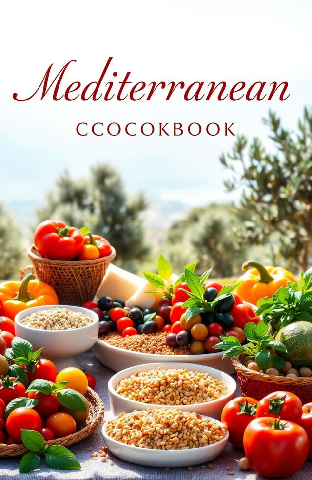 A vibrant and inviting cover design for a Mediterranean diet cookbook, featuring a beautifully arranged table filled with fresh, colorful ingredients such as ripe tomatoes, bell peppers, olives, fresh herbs like basil and parsley, and whole grains