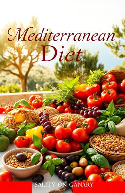 A vibrant and inviting cover design for a Mediterranean diet cookbook, featuring a beautifully arranged table filled with fresh, colorful ingredients such as ripe tomatoes, bell peppers, olives, fresh herbs like basil and parsley, and whole grains