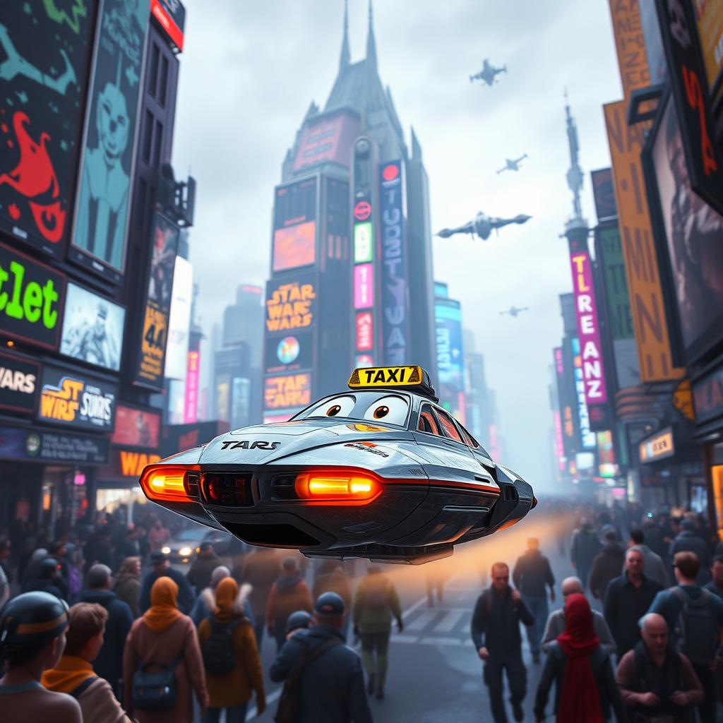 A futuristic speeder taxi hovering in the bustling streets of Nar Shaddaa, the vibrant and neon-lit Star Wars planet