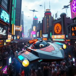 A futuristic speeder taxi hovering in the bustling streets of Nar Shaddaa, the vibrant and neon-lit Star Wars planet