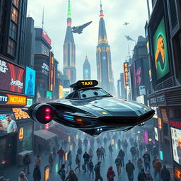 A futuristic speeder taxi hovering in the bustling streets of Nar Shaddaa, the vibrant and neon-lit Star Wars planet