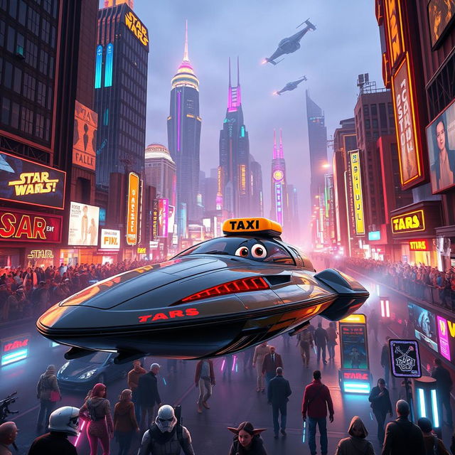 A futuristic speeder taxi hovering in the bustling streets of Nar Shaddaa, the vibrant and neon-lit Star Wars planet