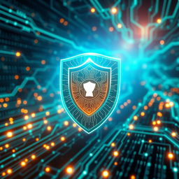 A visually stunning representation of a futuristic cyber antivirus program, displaying a glowing shield in a digital landscape filled with streams of binary code