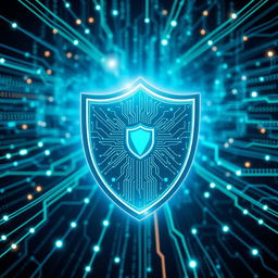 A visually stunning representation of a futuristic cyber antivirus program, displaying a glowing shield in a digital landscape filled with streams of binary code