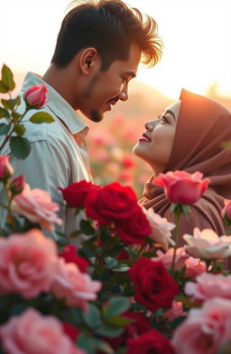 A tender scene depicting the romantic relationship between a man and a woman named Sarah, inspired by the themes of love and sacrifice from the book titled 'Mawar di Ladang Duri'