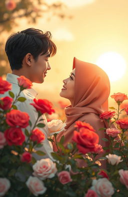 A tender scene depicting the romantic relationship between a man and a woman named Sarah, inspired by the themes of love and sacrifice from the book titled 'Mawar di Ladang Duri'