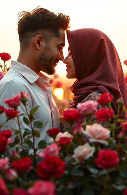 A tender scene depicting the romantic relationship between a man and a woman named Sarah, inspired by the themes of love and sacrifice from the book titled 'Mawar di Ladang Duri'