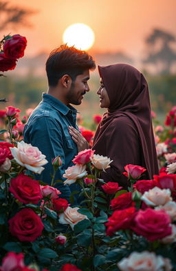 A tender scene depicting the romantic relationship between a man and a woman named Sarah, inspired by the themes of love and sacrifice from the book titled 'Mawar di Ladang Duri'