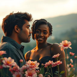 A poignant scene illustrating the love story of a man passionately in love with a woman with dark skin, set against a backdrop of societal disapproval
