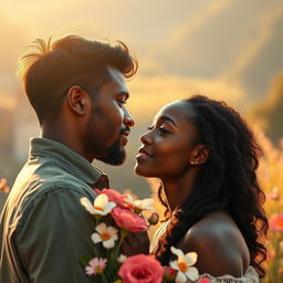 A poignant scene illustrating the love story of a man passionately in love with a woman with dark skin, set against a backdrop of societal disapproval