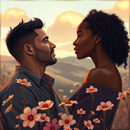 A poignant scene illustrating the love story of a man passionately in love with a woman with dark skin, set against a backdrop of societal disapproval
