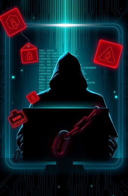 A digital artwork showcasing a dramatic and intense cybercrime scene, featuring an abstract representation of online scams