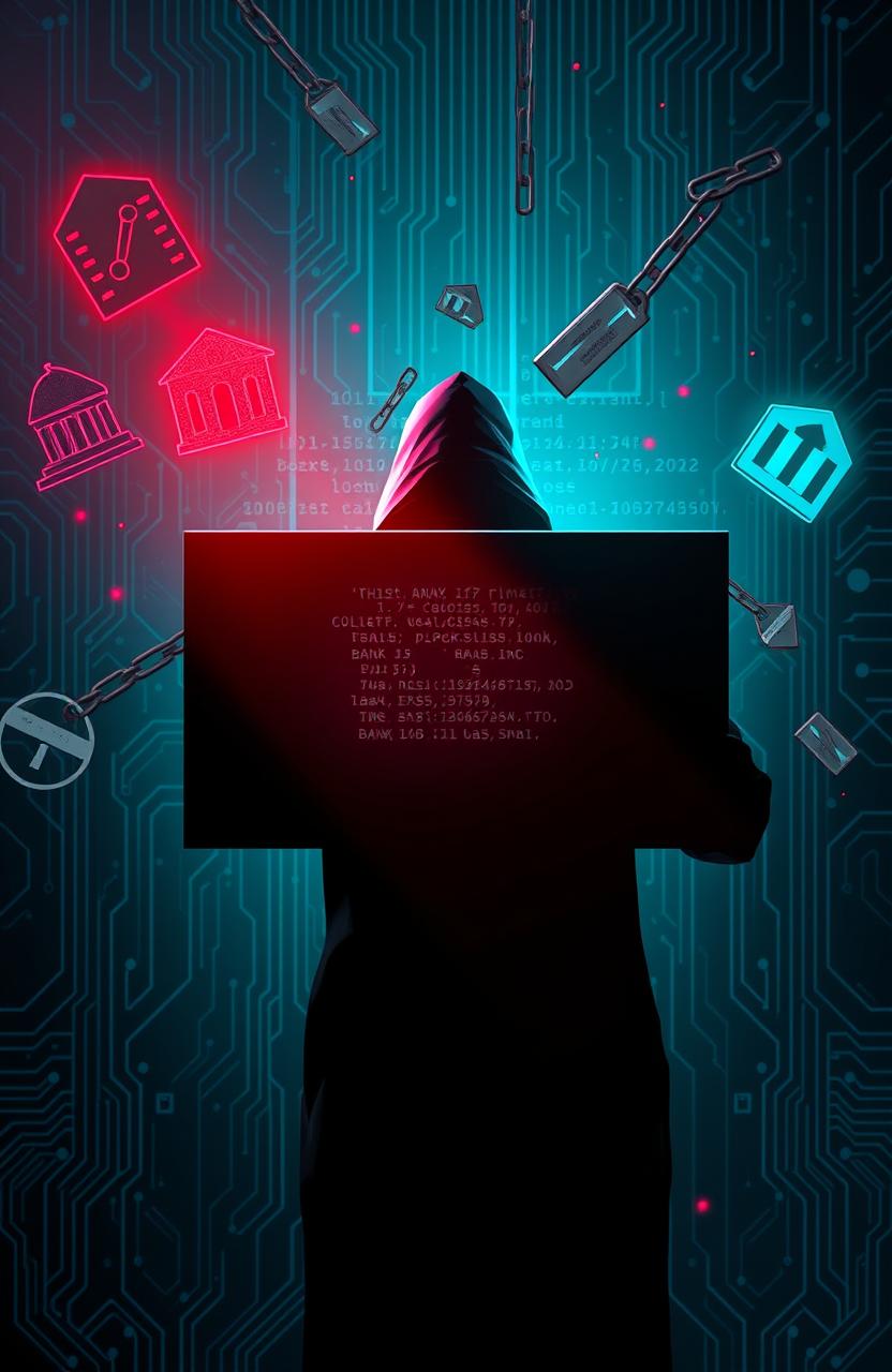 A digital artwork showcasing a dramatic and intense cybercrime scene, featuring an abstract representation of online scams