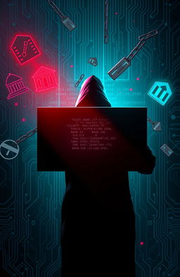 A digital artwork showcasing a dramatic and intense cybercrime scene, featuring an abstract representation of online scams