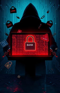 A digital artwork showcasing a dramatic and intense cybercrime scene, featuring an abstract representation of online scams