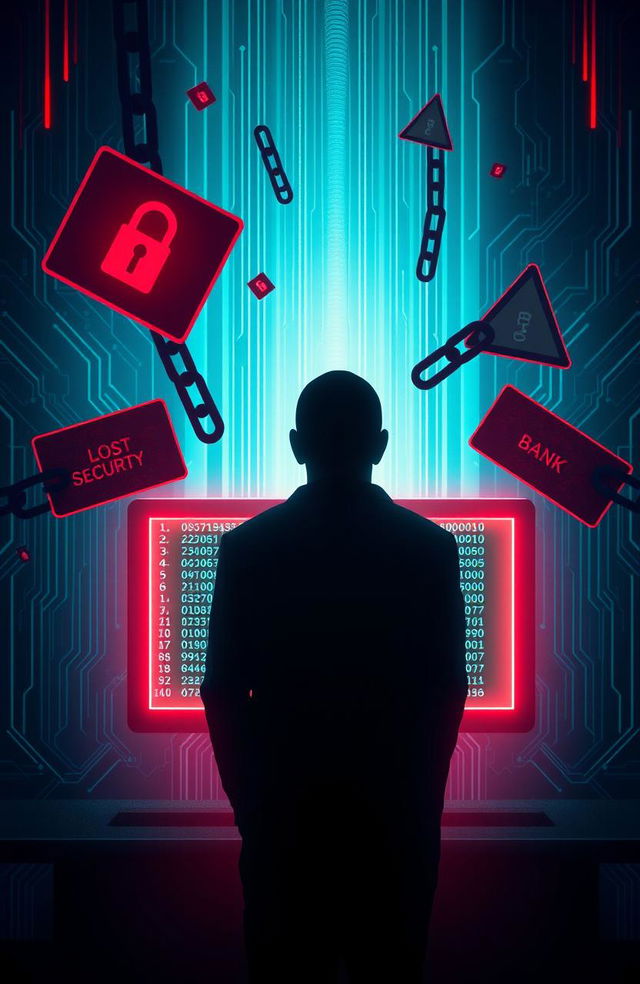 A digital artwork showcasing a dramatic and intense cybercrime scene, featuring an abstract representation of online scams