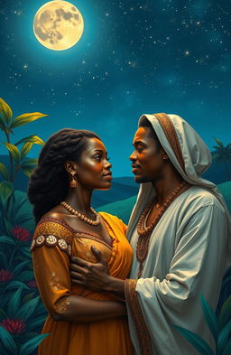 A poignant and romantic scene titled 'Abraham and Sarah', depicting a man deeply in love with a beautiful black woman