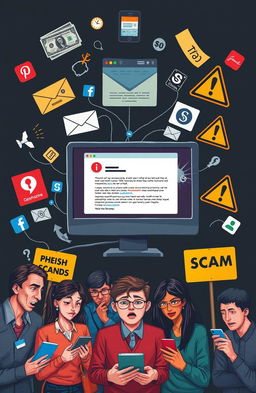 A detailed examination of online scams, showcasing various types of fraudulent schemes such as phishing emails, fake e-commerce websites, and suspicious online advertisements