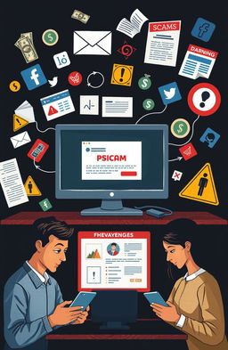 A detailed examination of online scams, showcasing various types of fraudulent schemes such as phishing emails, fake e-commerce websites, and suspicious online advertisements