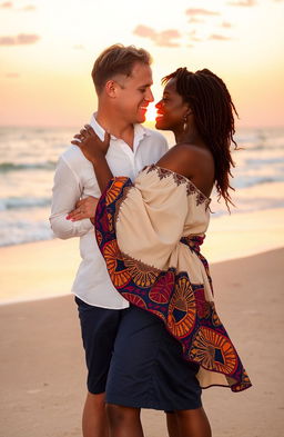 A romantic scene titled 'Abraham and Sarah', featuring a loving embrace between a white-skinned man and a black-skinned woman
