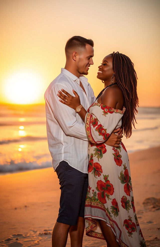 A romantic scene titled 'Abraham and Sarah', featuring a loving embrace between a white-skinned man and a black-skinned woman