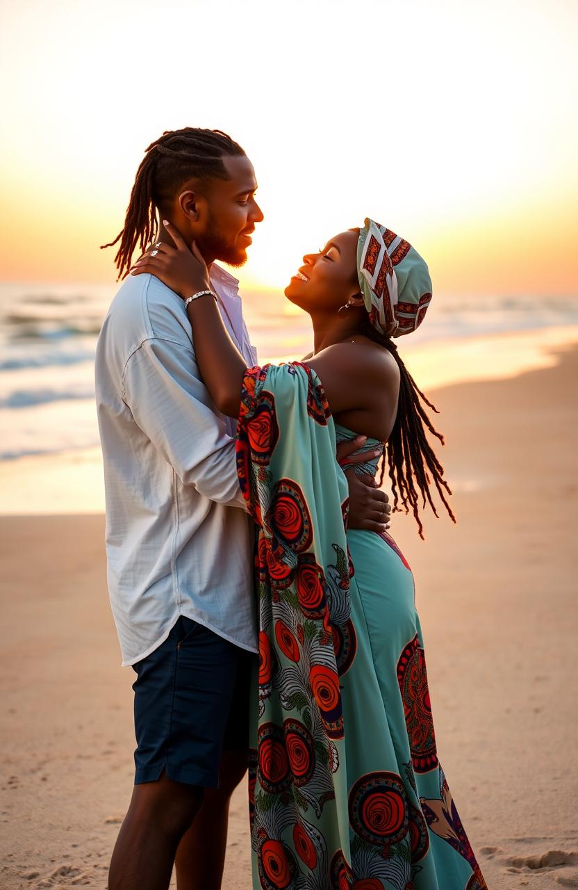 A romantic scene titled 'Abraham and Sarah', featuring a loving embrace between a white-skinned man and a black-skinned woman