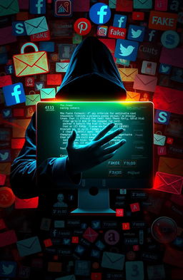 An intricate digital artwork depicting the concept of online fraud, featuring a shadowy figure behind a computer screen glowing with vibrant colors