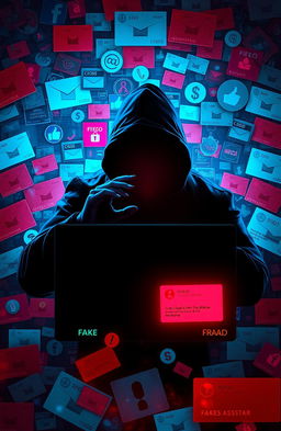 An intricate digital artwork depicting the concept of online fraud, featuring a shadowy figure behind a computer screen glowing with vibrant colors