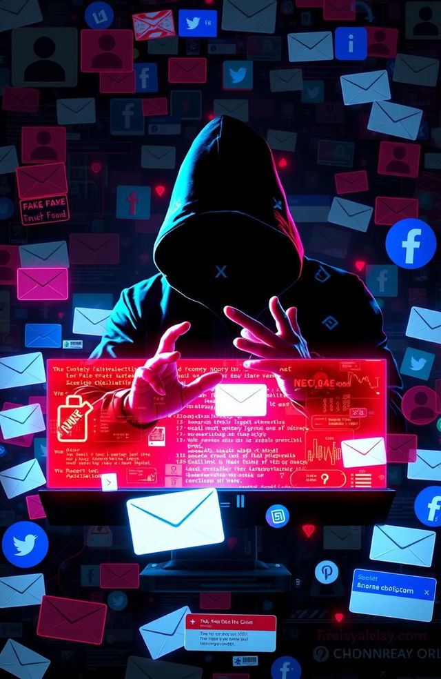 An intricate digital artwork depicting the concept of online fraud, featuring a shadowy figure behind a computer screen glowing with vibrant colors