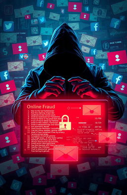 An intricate digital artwork depicting the concept of online fraud, featuring a shadowy figure behind a computer screen glowing with vibrant colors