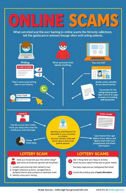 An educational poster about online scams, featuring various types of scams such as phishing, identity theft, and lottery scams