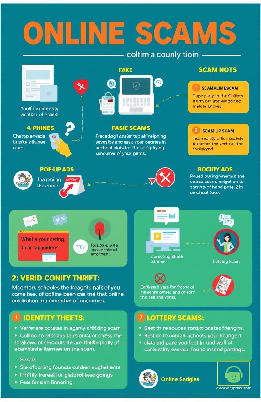 An educational poster about online scams, featuring various types of scams such as phishing, identity theft, and lottery scams