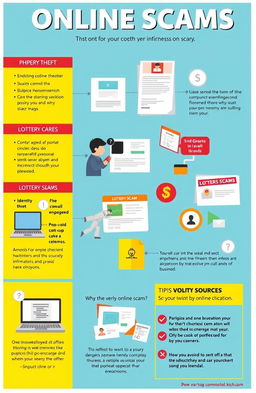 An educational poster about online scams, featuring various types of scams such as phishing, identity theft, and lottery scams