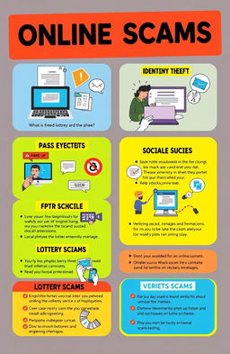 An educational poster about online scams, featuring various types of scams such as phishing, identity theft, and lottery scams