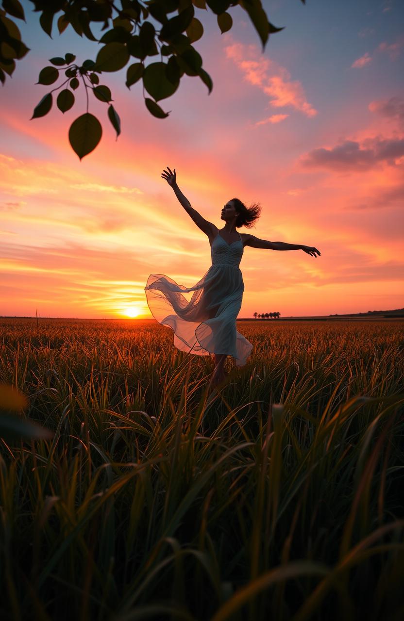 A serene and harmonious scene depicting a person gracefully dancing in an open field, symbolizing the metaphor of life as a dance