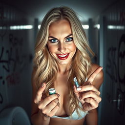 A dramatic and edgy scene featuring a hot blonde woman in a school toilet, exuding a playful and enticing vibe