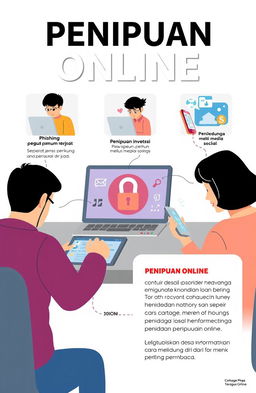 Ilustrasi edukasi tentang penipuan online, menampilkan berbagai jenis penipuan yang umum terjadi seperti phishing, penipuan investasi, dan penipuan melalui media sosial