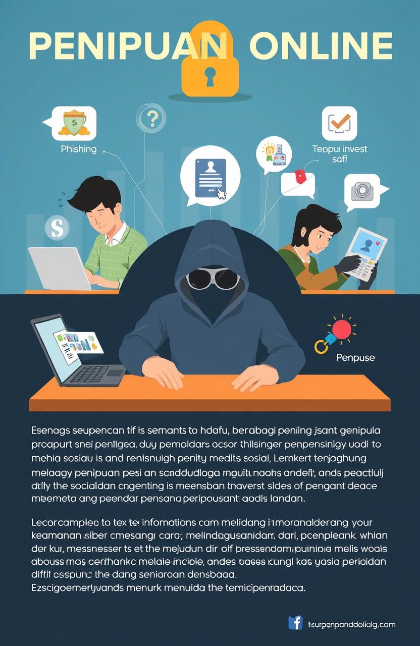 Ilustrasi edukasi tentang penipuan online, menampilkan berbagai jenis penipuan yang umum terjadi seperti phishing, penipuan investasi, dan penipuan melalui media sosial