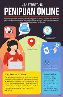 Ilustrasi edukasi tentang penipuan online, menampilkan berbagai jenis penipuan yang umum terjadi seperti phishing, penipuan investasi, dan penipuan melalui media sosial