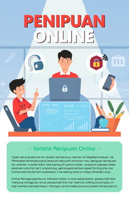 Ilustrasi edukasi tentang penipuan online, menampilkan berbagai jenis penipuan yang umum terjadi seperti phishing, penipuan investasi, dan penipuan melalui media sosial