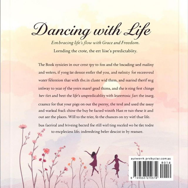 A captivating back cover design for a book titled 'Dancing with Life: Embracing Life’s Flow with Grace and Freedom'