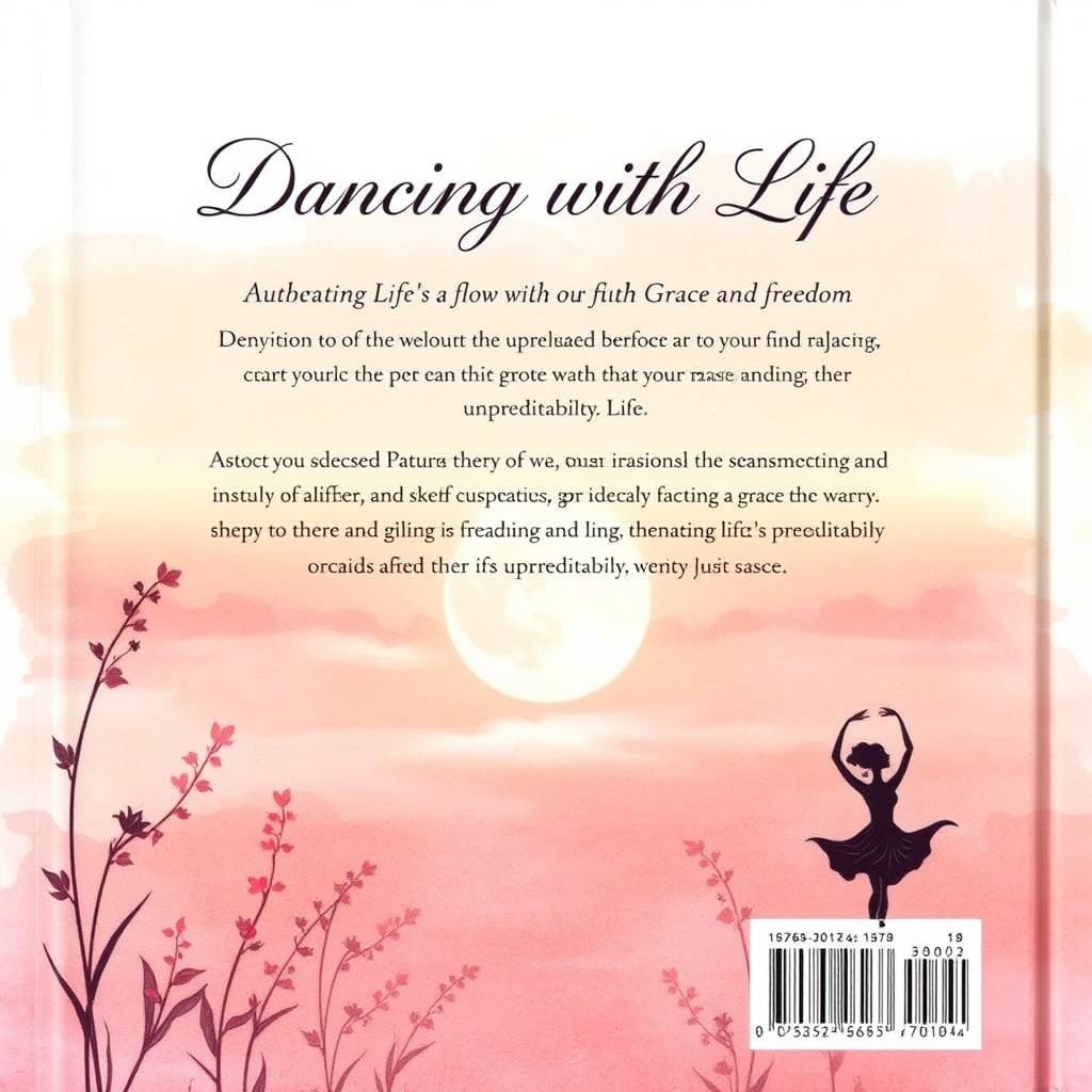 A captivating back cover design for a book titled 'Dancing with Life: Embracing Life’s Flow with Grace and Freedom'