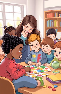 A comprehensive and informative illustration depicting a diverse group of children, showcasing various traits of autism, engaging in different activities
