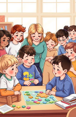 A comprehensive and informative illustration depicting a diverse group of children, showcasing various traits of autism, engaging in different activities